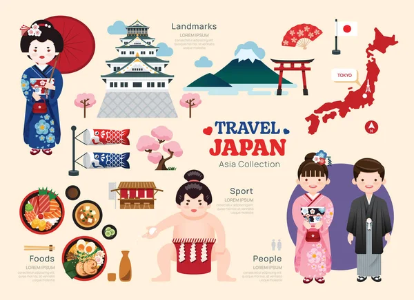 Viaje Conjunto Iconos Planos Japón Icono Elemento Japonés Mapa Símbolos — Archivo Imágenes Vectoriales