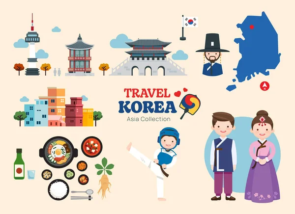 韩国平面图标设置 韩国传统旅行地图和地标符号及物体 — 图库矢量图片