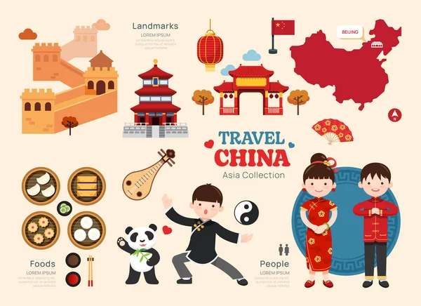 Seyahat Çin Düz Simgeleri Seti Çin Element Simgesi Haritası Simgeler — Stok Vektör