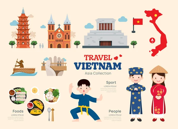 Podróże Wietnam Płaskie Ikony Zestaw Wietnamski Element Ikona Mapa Symbole — Wektor stockowy
