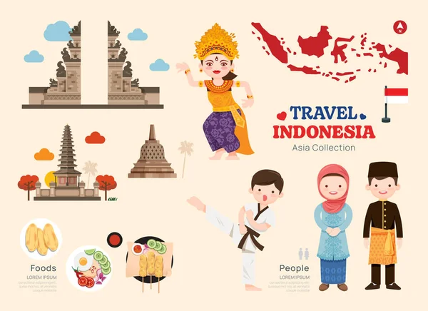 Viaje Indonesia Conjunto Iconos Planos Icono Elemento Indonesio Mapa Símbolos — Vector de stock