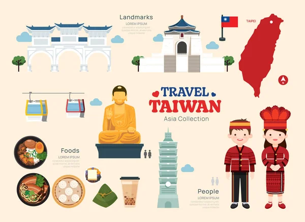 Utazás Tajvan Lapos Ikonok Beállítva Tajvani Elem Ikon Térkép Mérföldkő — Stock Vector