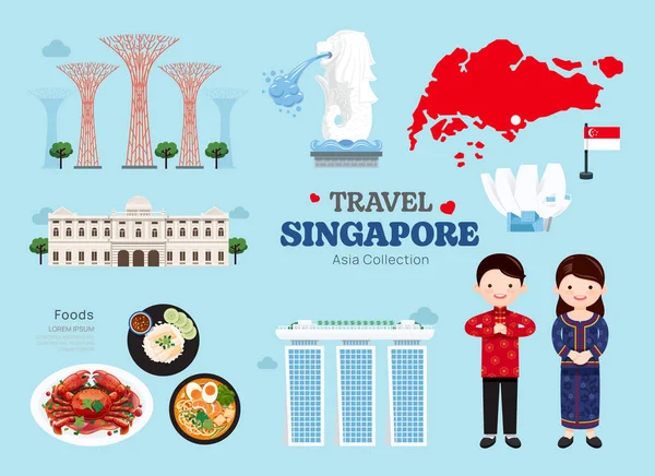 Viaje Conjunto Iconos Planos Singapur Singapur Elemento Icono Mapa Símbolos — Vector de stock