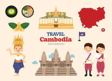 Kamboçya 'ya seyahat simgeleri ayarlandı. khmer ögesi simge haritası ve simgeler ve nesne koleksiyonu. Vektör İllüstrasyonu