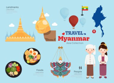 Seyahat Myanmar düz simgeleri ayarlandı. Burma element simgesi haritası ve simgeler ve nesne koleksiyonu. Vektör İllüstrasyonu