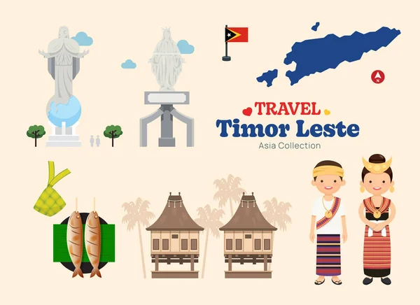 Travel Timor Leste Flat Icons Set Mapa Ícones Elementos Timor —  Vetores de Stock