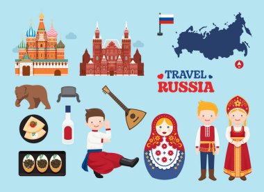 Rusya 'ya seyahat simgeleri ayarlandı. Rus element simgesi haritası, simgeler ve nesneler koleksiyonu. Vektör İllüstrasyonu