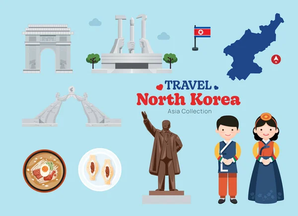 Resor Nordkorea Platt Ikoner Set Nordkorea Element Ikon Karta Och — Stock vektor