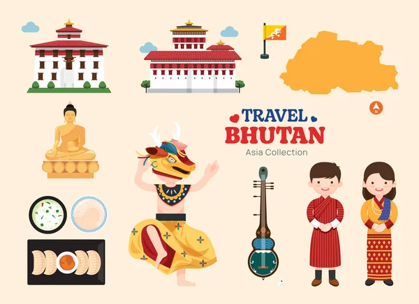 Travel Bhutan Flat Icons Set Bhutanese Element Icon Map Landmarks — Stock Vector