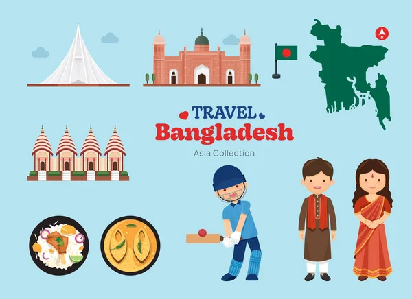 Travel Bangladesh Conjunto Ícones Planos Mapa Ícone Elemento Bangladesh Símbolos — Vetor de Stock