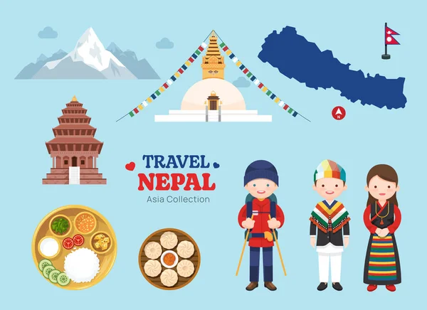 Cestovní Nepál Ploché Ikony Nastaveny Mapa Ikon Nepálských Prvků Sbírka — Stockový vektor