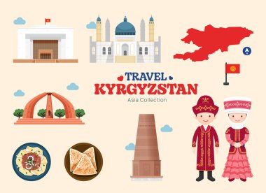 Kırgızistan 'a seyahat simgeleri ayarlandı. Kırgız ögesi simgesi haritası, simgeler ve nesneler koleksiyonu. Vektör İllüstrasyonu