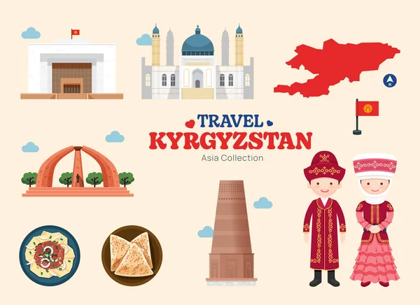 Kırgızistan Seyahat Simgeleri Ayarlandı Kırgız Ögesi Simgesi Haritası Simgeler Nesneler — Stok Vektör