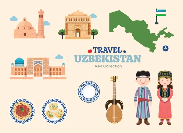 访问乌兹别克斯坦平面图标设置 乌兹别克元素图标图和地标符号及对象集合 病媒图解 — 图库矢量图片