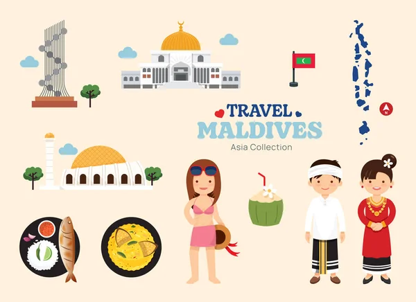 Travel Maldivas Conjunto Ícones Planos Mapa Ícone Elemento Maldivo Símbolos —  Vetores de Stock