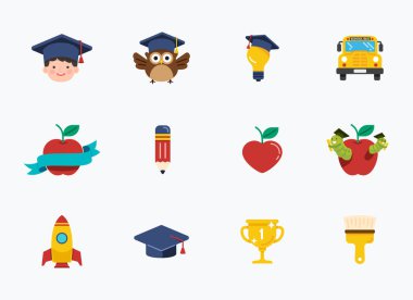 Okulun daire simgeleri ayarlandı. Okul öğesi simgesi konsept sembolleri ve nesne koleksiyonu öğrenme simgesi. Vektör İllüstrasyonu