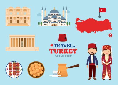Seyahat Hindi düz simgeleri ayarlandı. Türkiye ögesi simgesi haritası, simgeler ve nesneler koleksiyonu. Vektör İllüstrasyonu