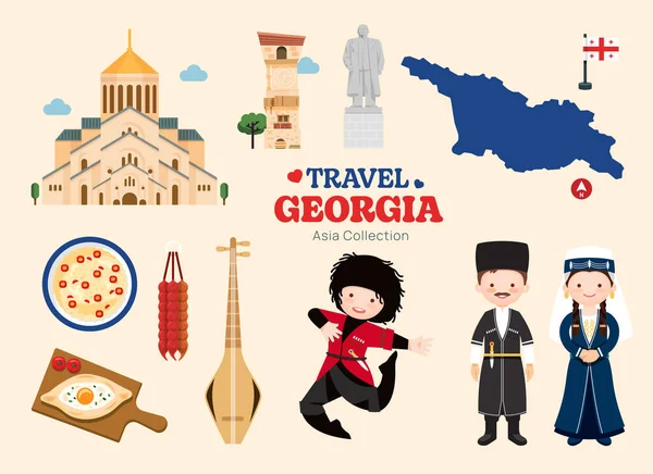 Ταξίδι Georgia Επίπεδη Εικονίδια Που Γεωργιανού Στοιχείου Εικονίδιο Χάρτη Και — Διανυσματικό Αρχείο