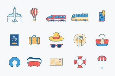 Seyahat ögeleri simgeleri ayarlandı. yaz yolculuğu nesneleri düz konsept vektörü.