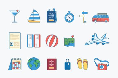 Seyahat ögeleri simgeleri ayarlandı. yaz yolculuğu nesneleri düz konsept vektörü.