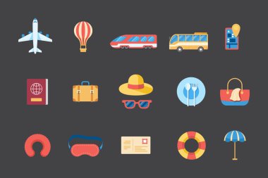 Seyahat ögesi düz renk simgeleri ayarlandı. yaz yolculuğu nesneleri çizgi vektörü.