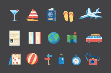 Seyahat ögesi düz renk simgeleri ayarlandı. yaz yolculuğu nesneleri çizgi vektörü.