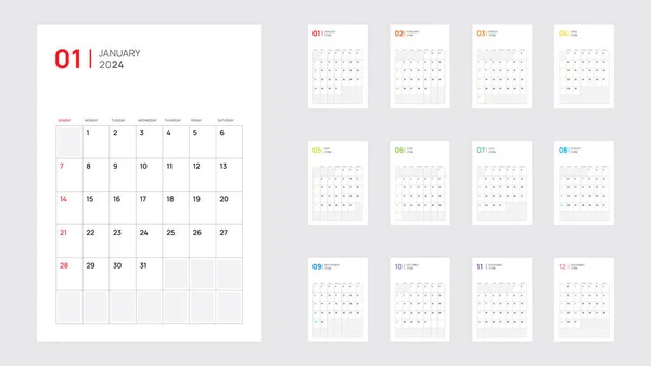 2024 Planificador Calendario Diseño Plantilla Mínima Calendario Vectorial Planificador Pared — Vector de stock