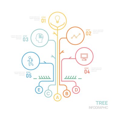 İş için Bilgi Ağacı şablonu. Zaman çizelgesi 5 adım ok düzeyi, pazarlama verileri, sunum vektör bilgi grafikleri.