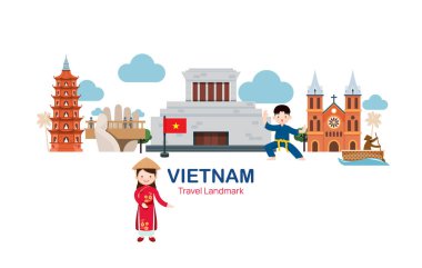 Vietnam Seyahat Elementleri Tarihi Taşı. Vektör İllüstrasyonu