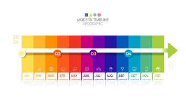 İş adım çizelgesi bilgi okları şablonu. Modern kilometre taşı element zaman çizelgesi takvimi ve 4 çeyrek başlık, vektör bilgi grafikleri.