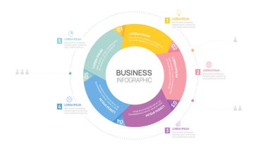 İş için bilgi çemberi ok şablonu. Modern Zaman Çizgisi 5 seçenekler adım, dijital pazarlama verisi, sunum vektörü bilgibilimi.