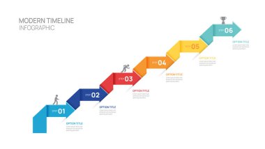 Infographics ok sembolü zaman çizelgesi işi başarı şablonuna 6 adım. vektör illüstrasyonu.