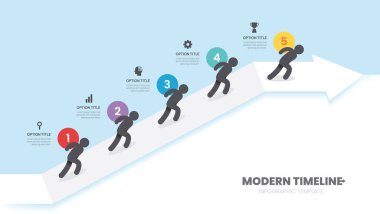Okun sembolü olan zaman çizelgesini taşıyan bilgi işlemci başarı şablonuna doğru adımlar atıyor. vektör illüstrasyonu.