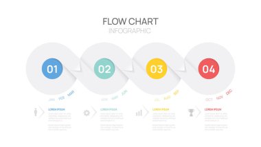 Simgeli ve 4 seçenekli veya adım vektörü tasarımlı bilgi akışı şeması ok iş şablonu.