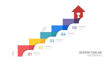 Simgeli ve 5 seçenekli veya adım vektör tasarımlı bilgi işi zaman çizelgesi ok şablonu.