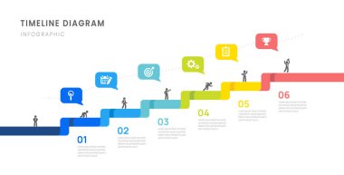 İş yolu haritası bilgi çizelgesi 6 seçenekle dönüm noktası elemanları, diyagram, ok ve simge, vektör.