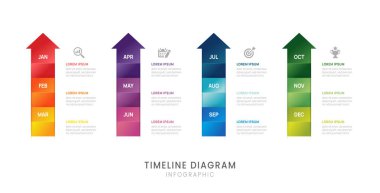 İş adım çizelgesi bilgi okları şablonu. Modern kilometre taşı element yol haritası şeması takvimi ve 4 çeyrek başlık, vektör bilgisi.