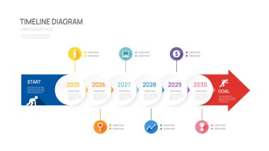Ticari bilgi zaman çizelgesi yıl ok 5 Adımlar tasarım şablonu. İş kilometre taşı ve strateji sunumu. Vektör illüstrasyonu.