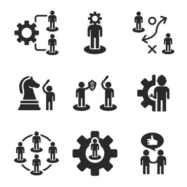 Strateji, liderlik, takım çalışması ve karar verme kavramlarına sahip iş yönetimi sağlam bir simge seti.