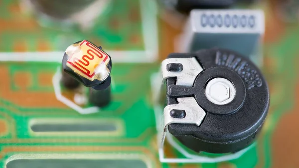 Closeup Black Resistor Trimmer Photoresistor Sensitive Surface Green Pcb Small — Stock Photo, Image