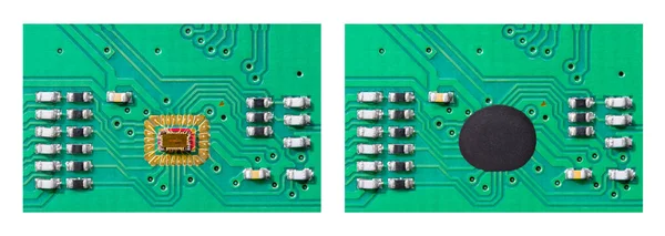 Closeup of two integrated circuits in green PCB on a white background. Microchip dies attached on electronic printed circuit by wire bonding or by chip on board (COB) assembly in black epoxy resin drop.