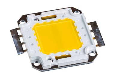 Closeup of electronic LED chip on board isolated on a white background. Light source for high power electric luminaire of diodes array below yellow silicone layer on metal with holes to screw on cooler. clipart