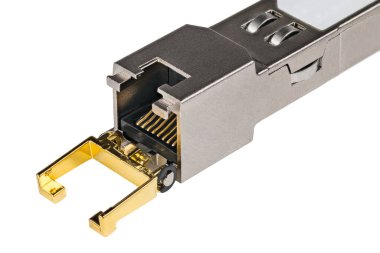 Standardized modular hot-pluggable network interface module on a white background. Close-up of metal compact small form-factor pluggable (SFP) transceiver with plug for registered jack connector RJ45. clipart