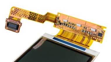 Flex printed circuit board inside mobile phone isolated on a white background. Cellphone LCD display with RGB LED diodes pattern on FPC cable with copper layer and surface mounted electronic components. clipart