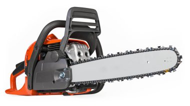 Closeup a gasoline chainsaw with steel guide bar isolated on a white background. Portable hand-held power saw with sharp teeth on replaceable chain and safe plastic handles. Modern tool to wood cutting.