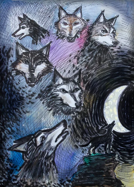 Pack Wolves Full Moon Art Illustration — Stock Photo, Image