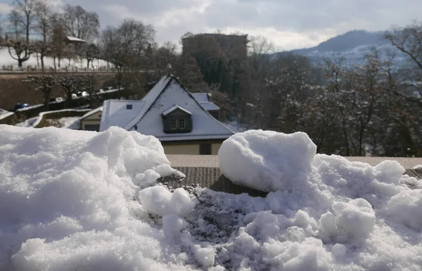 Snow Detail Blurred Swiss City Winter Concept — Zdjęcie stockowe