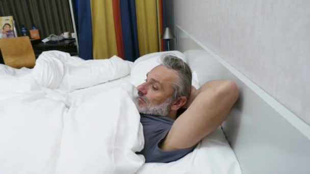 Pensive Middle Aged Man Awake Bed Thinking — Stock video
