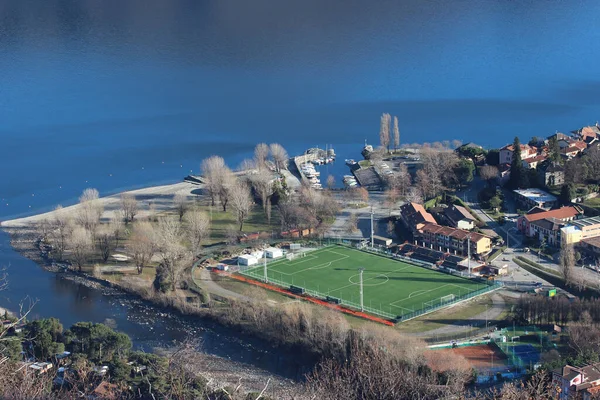 Cannobio Overview Maggiore Lake Piedmont Italy Football Field Touristic Harbour — Stock Photo, Image