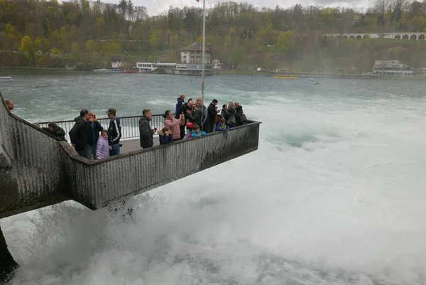 雪佛兰 2023年4月14日 参观莱茵河瀑布的人们 欧洲最强大的瀑布 — 图库照片